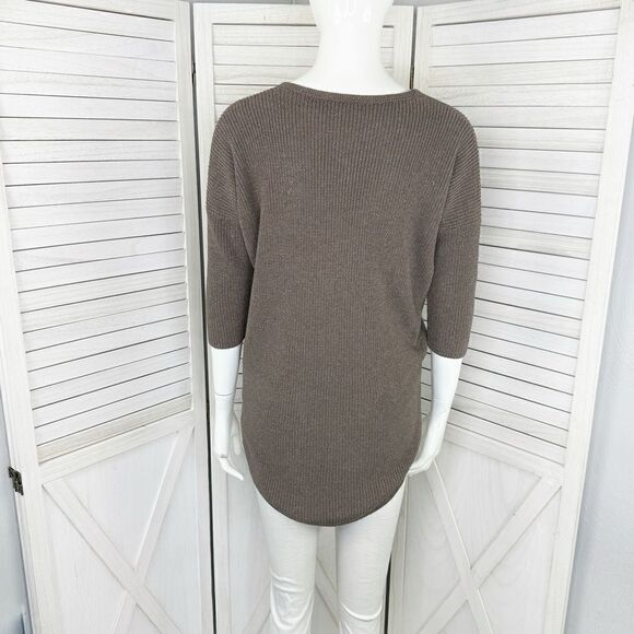 Express Deep V Neck Metallic Thread Tunic Sweater Taupe Brown Copper Small - Picture 2 of 12
